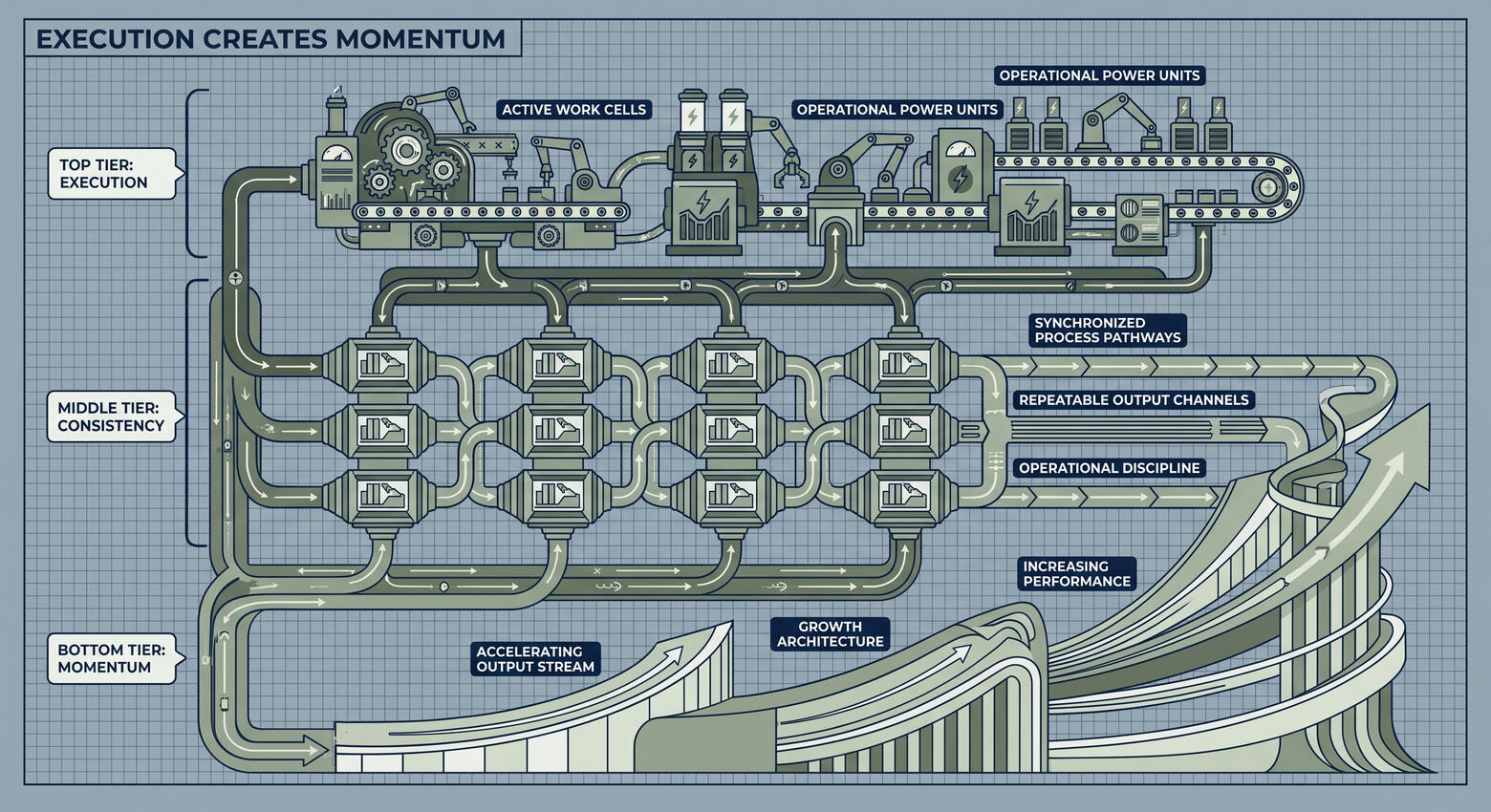 Blueprint-style capability development diagram showing productive execution flowing into repeatable performance and operational consistency, creating momentum through increasing capacity, accelerating outputs, and sustained organizational progress.