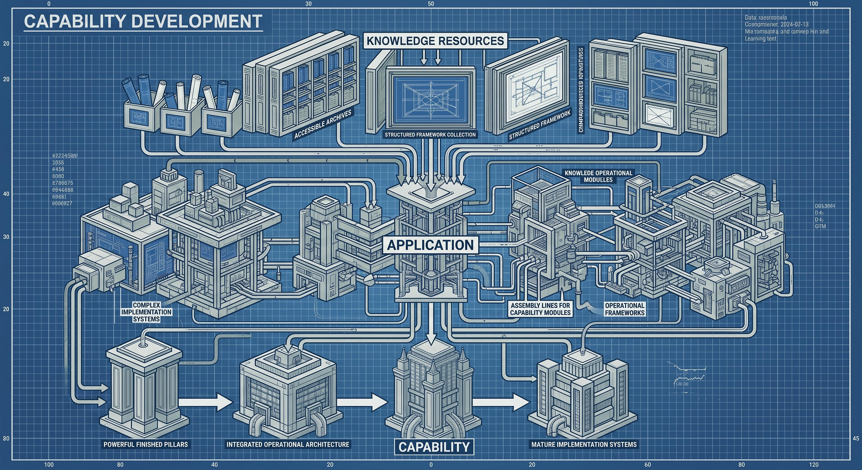 Blueprint-style capability development diagram showing knowledge resources flowing through practical application systems to create organizational capability, integrated operational structures, and implementation readiness.