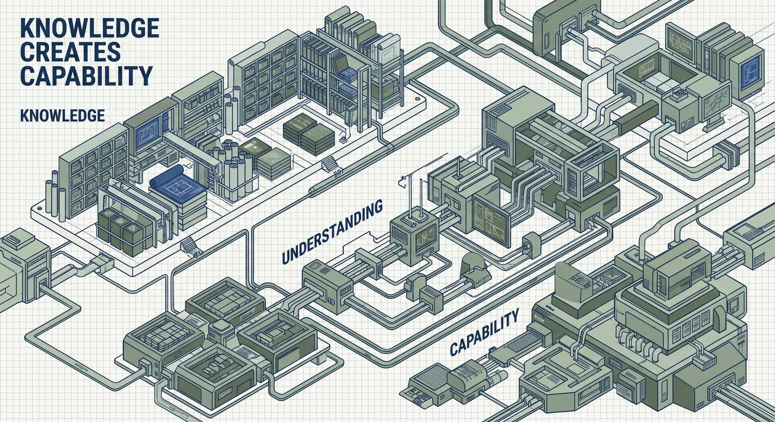 Blueprint-style capability development diagram showing organized knowledge resources flowing through a process of understanding and integration to create practical capability and implementation readiness.