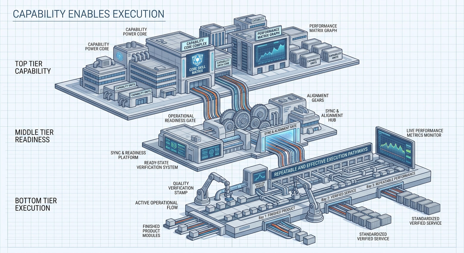 Blueprint-style capability development diagram showing organizational capability developing into operational readiness and coordinated execution through aligned systems, producing repeatable performance and reliable outcomes.