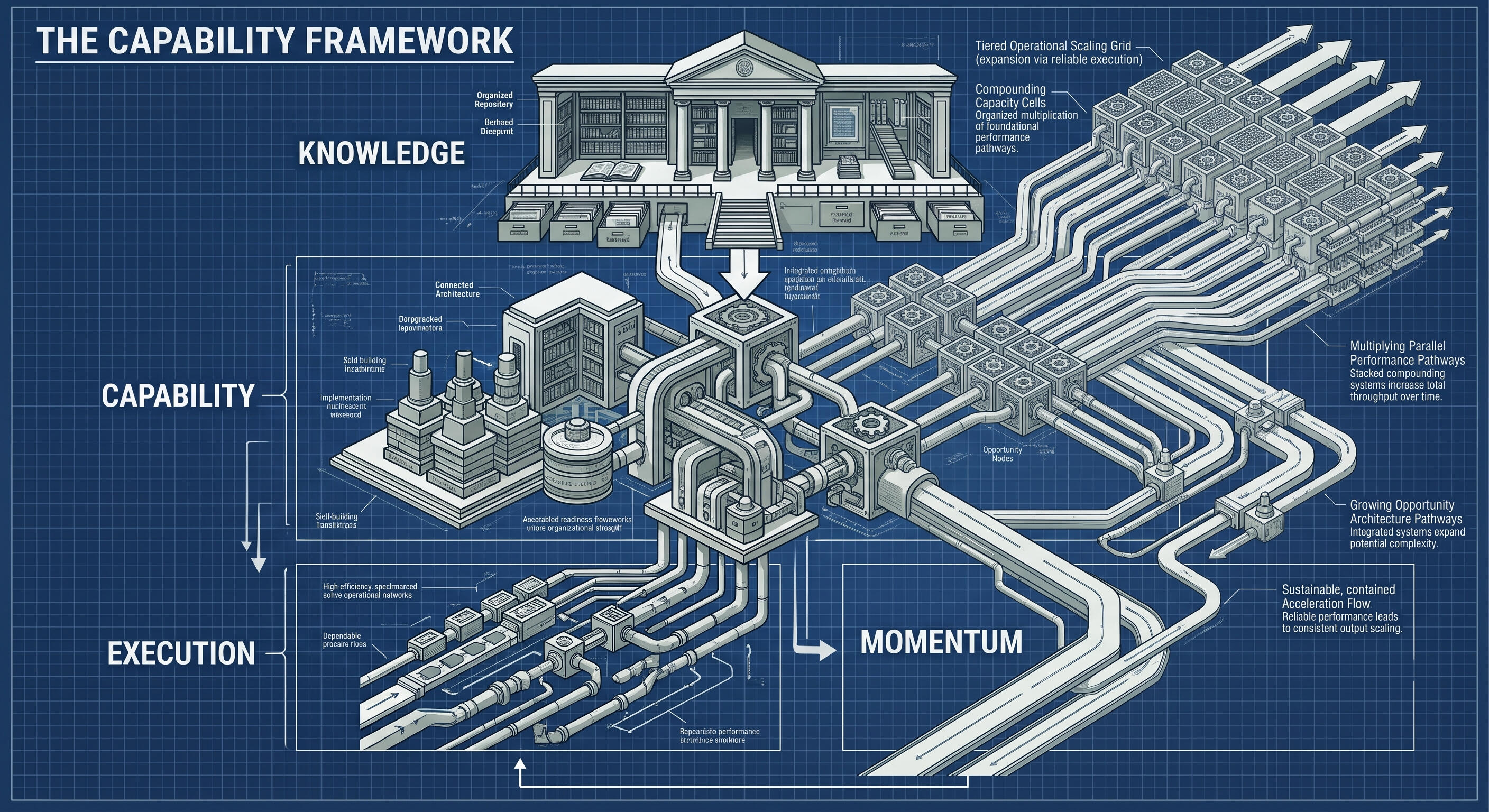 Blueprint-style business acceleration framework showing knowledge resources developing into organizational capability, capability enabling execution through coordinated systems, and execution creating momentum through expanding capacity, increasing through