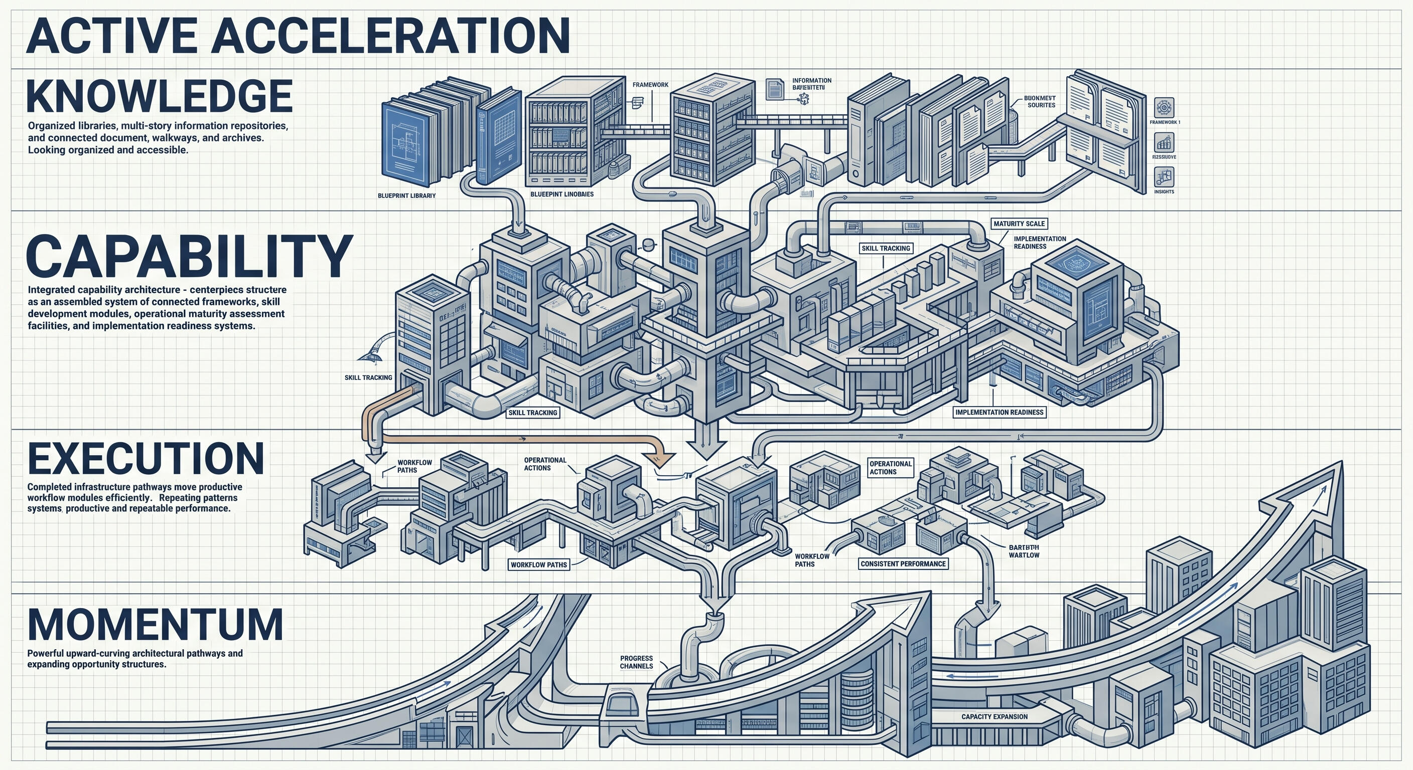 Blueprint-style business acceleration diagram illustrating how organized knowledge develops capability, capability enables execution, and execution creates momentum that drives progress, expansion, and business growth.