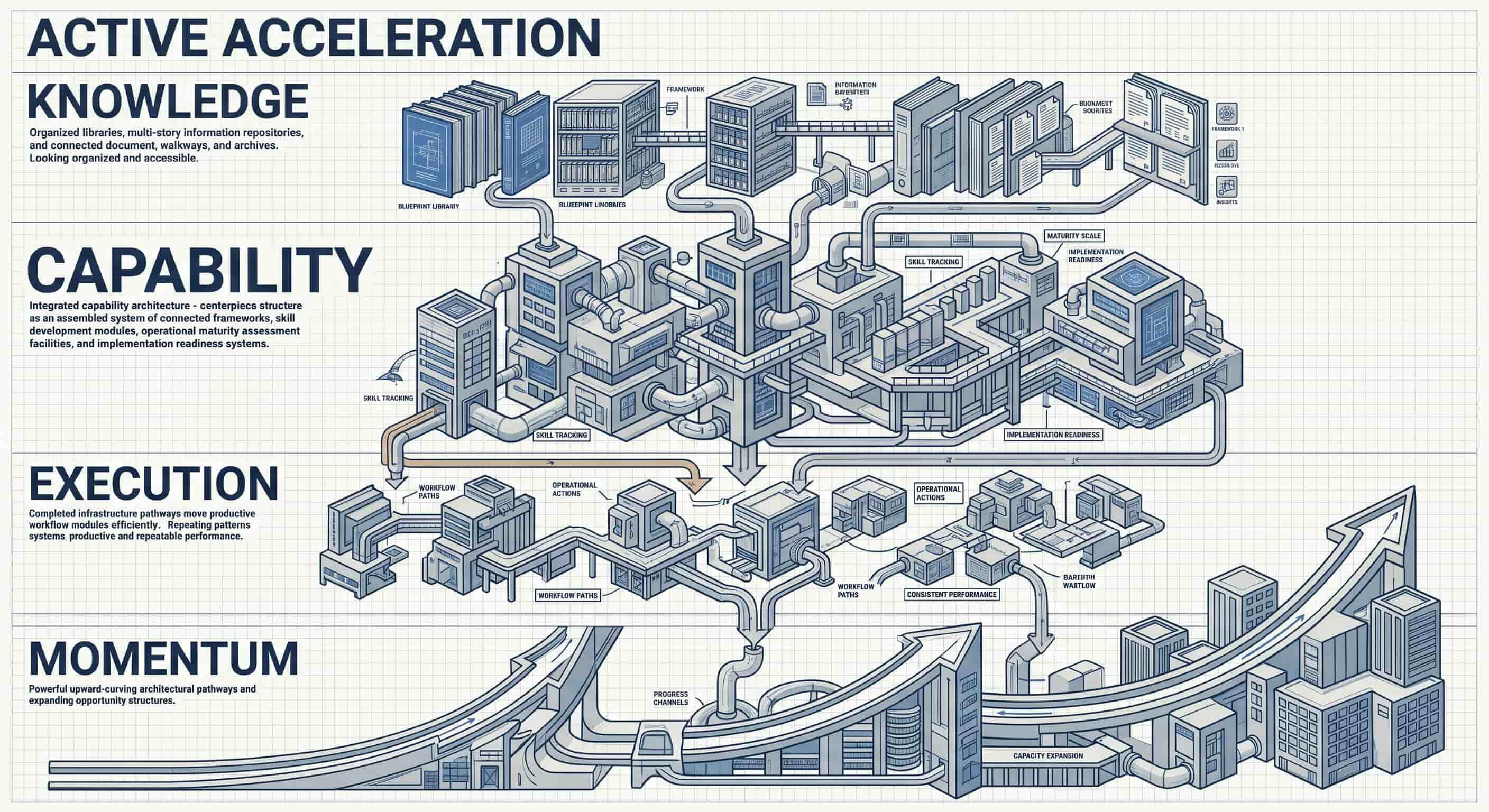 Blueprint-style business acceleration diagram illustrating how organized knowledge develops capability, capability enables execution, and execution creates momentum that drives progress, expansion, and business growth.
